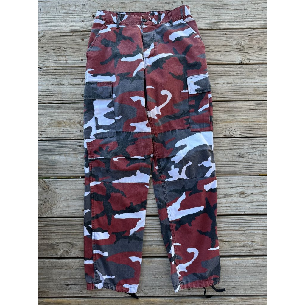 Red Black Grey Camo Straight Cargo Pants Men's Waist 27" Y2k Streetwear O1